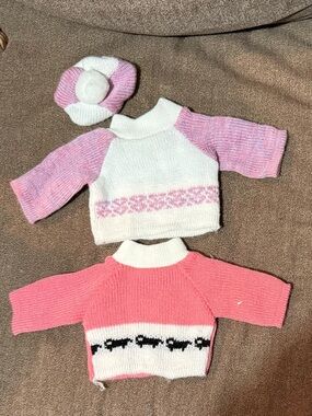 Two American Girl Doll Winter Cardigans with matching hat